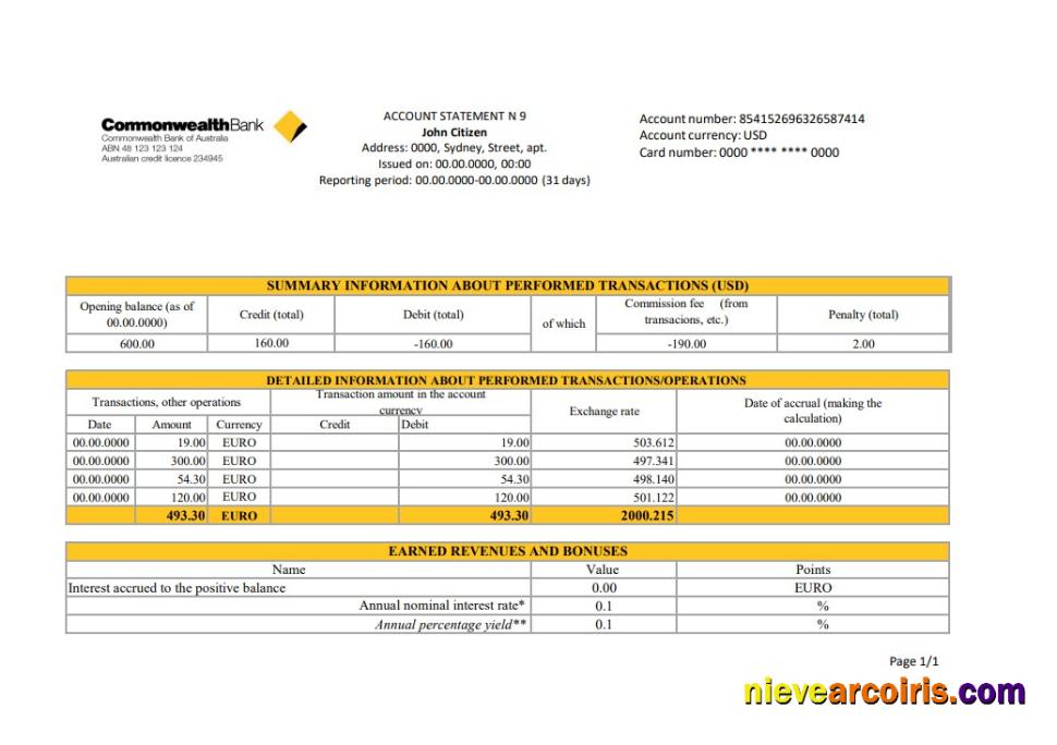 Australia Commonwealth Account Bank statement in Excel and PDF format, fully editable